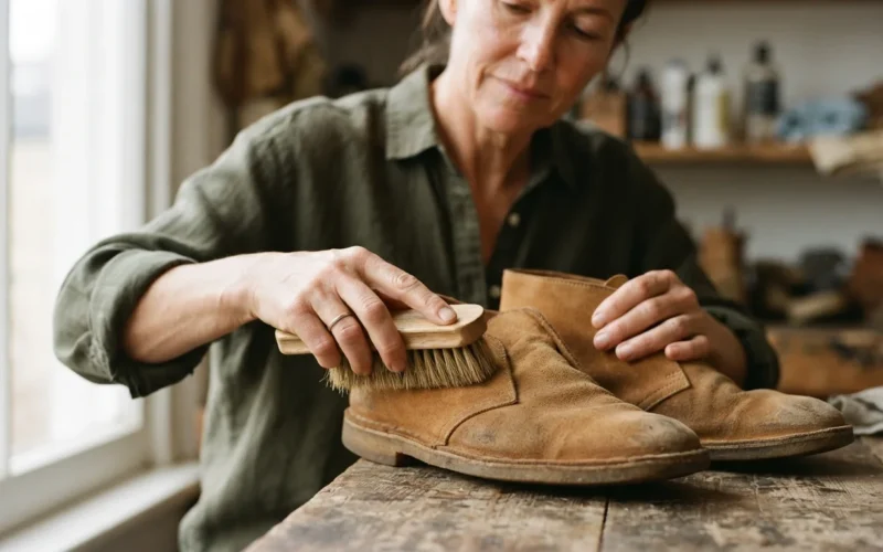 a person cleaning a pair of suede or nubuck shoes with a brush