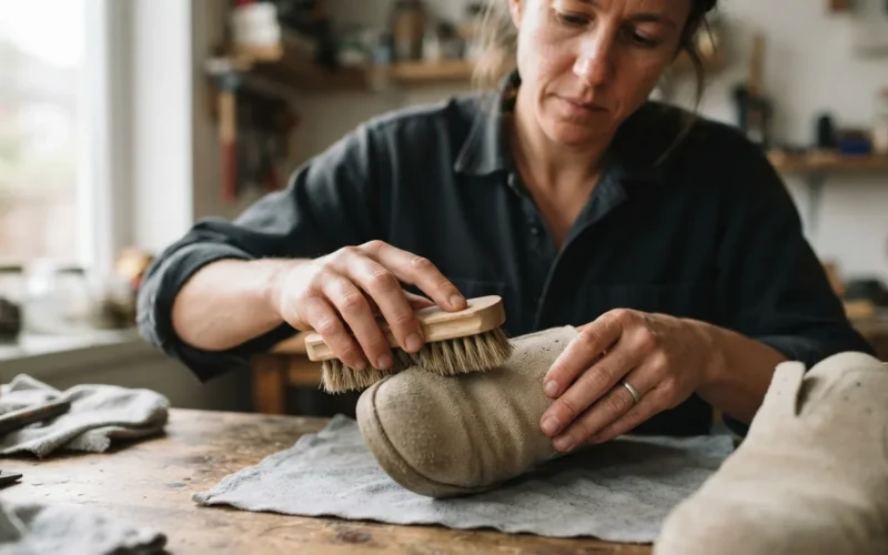 a person cleaning a pair of light-colored suede shoes with a brush