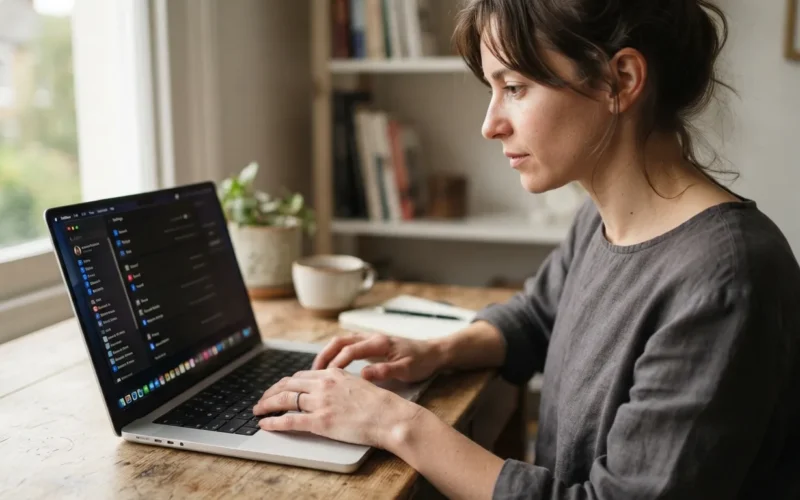 a person using a laptop with a settings screen visible