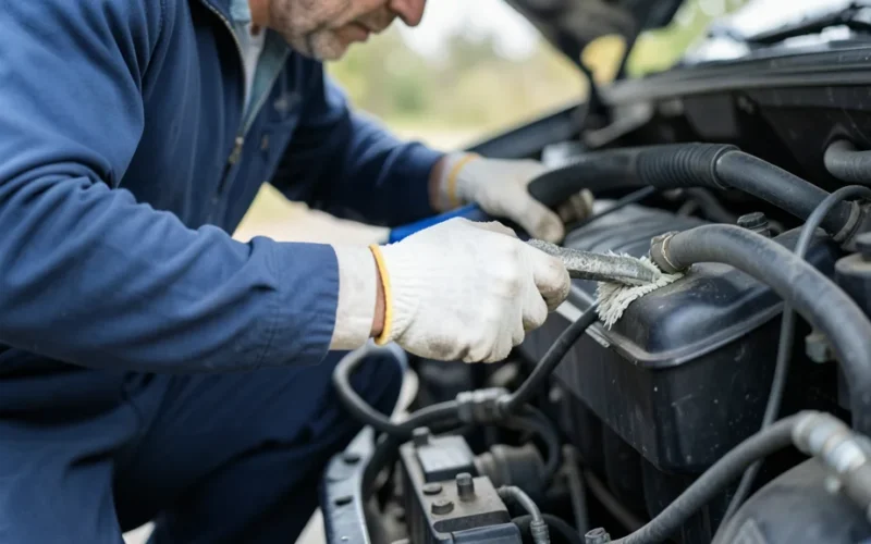 a person cleaning or inspecting a car radiator