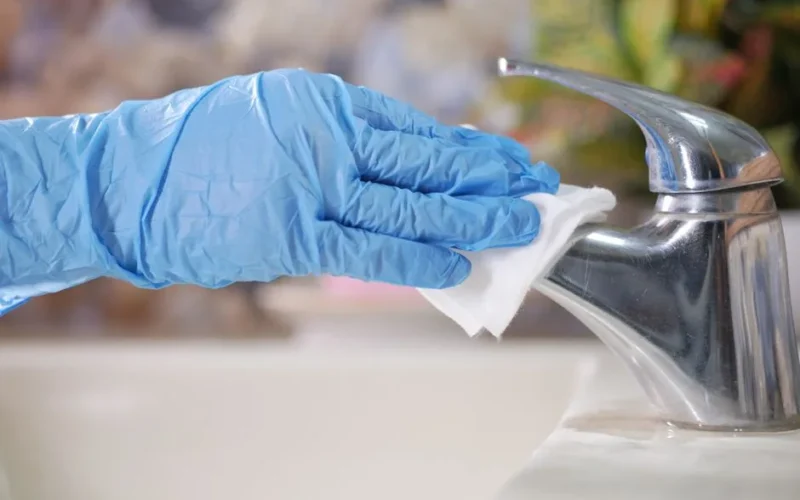 Close-up of gloved hand wiping a stainless steel faucet with a cloth indoors.