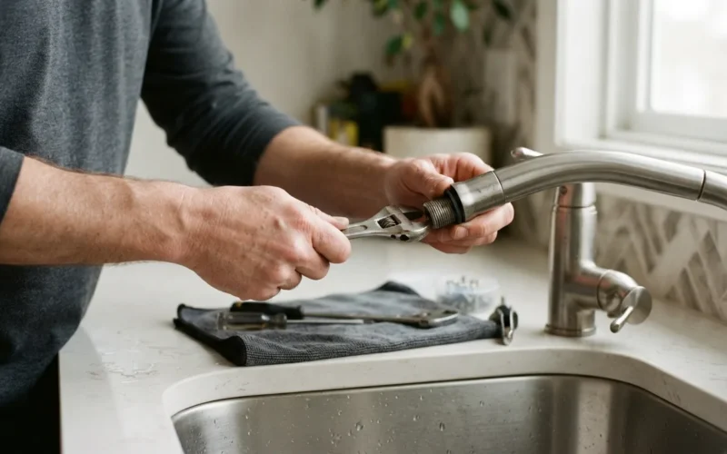 a person's hands disassembling a kitchen faucet