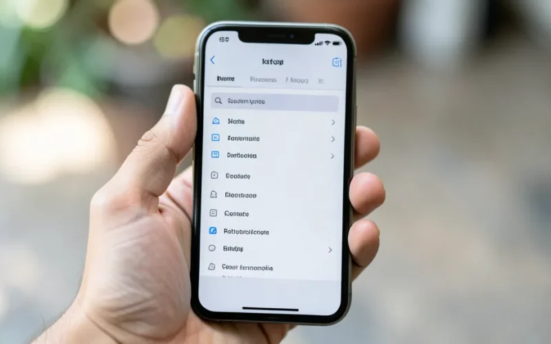 a hand holding a smartphone with settings or browser menu open
