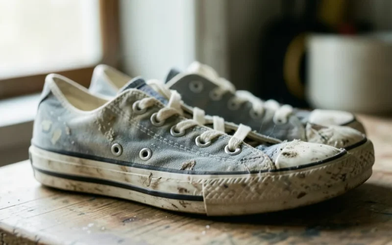 a pair of Converse sneakers being cleaned or restored