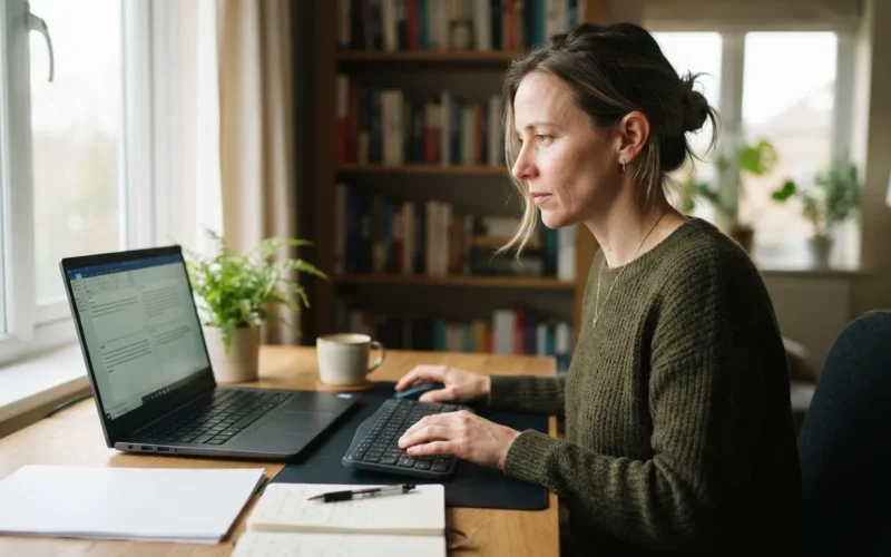 a translator working at a desk with a computer