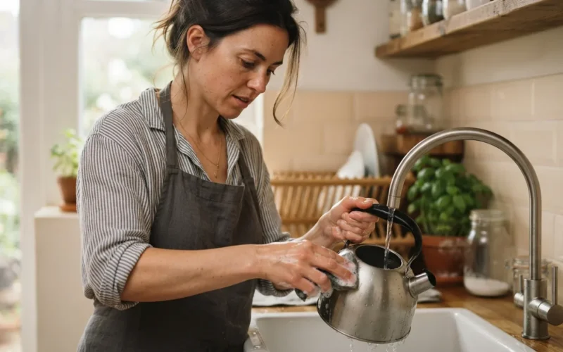 a person cleaning a kettle in a kitchen