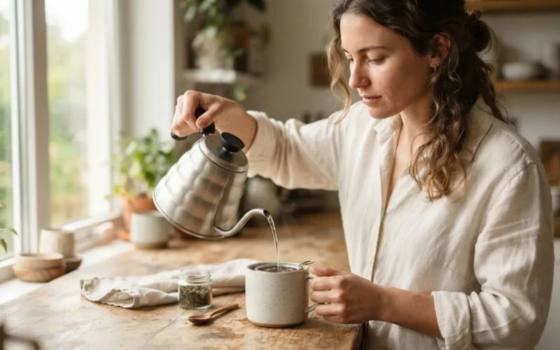 a person pouring water from a clean kettle into a cup