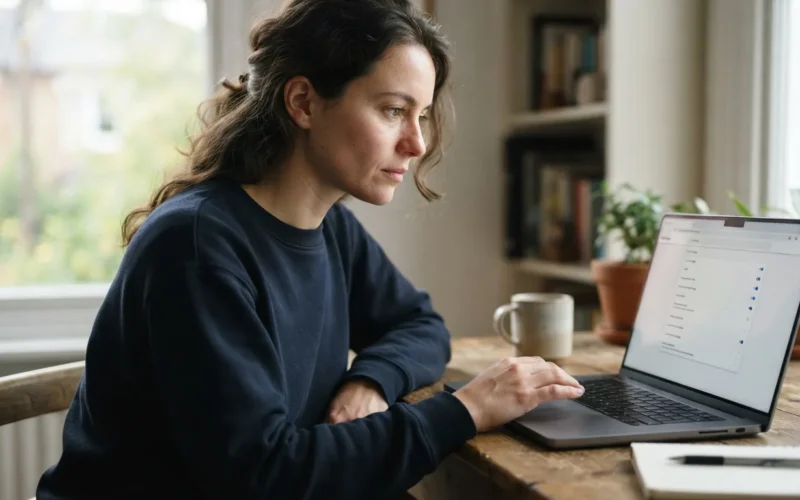 a person using a laptop with a browser settings screen visible