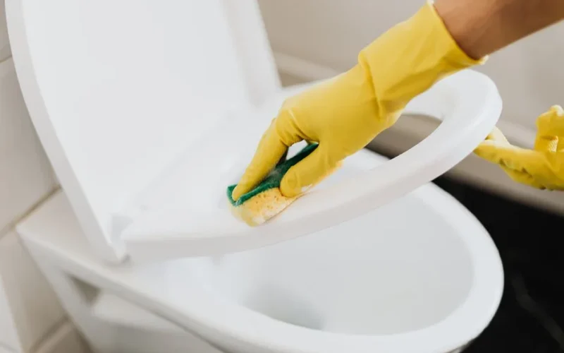 From above of crop faceless person in yellow rubber cleaning gloves cleaning plastic toilet seat properly with sponge in restroom