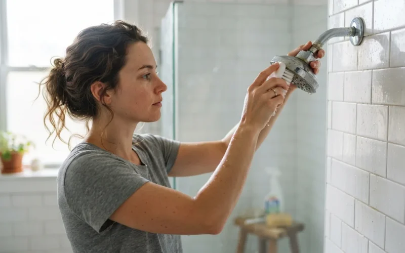 a person cleaning a shower head