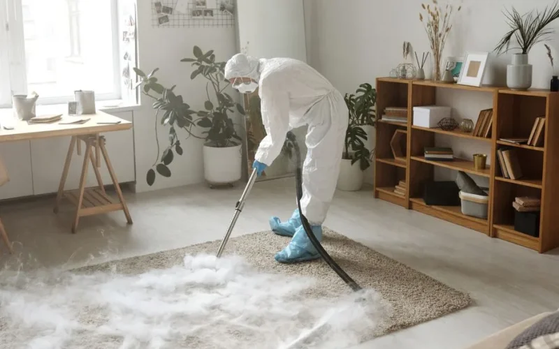 A woman in protective gear disinfects a carpet indoors to ensure safety during the COVID-19 pandemic.
