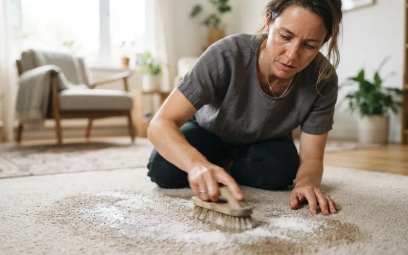 a person cleaning a carpet with a brush and powder