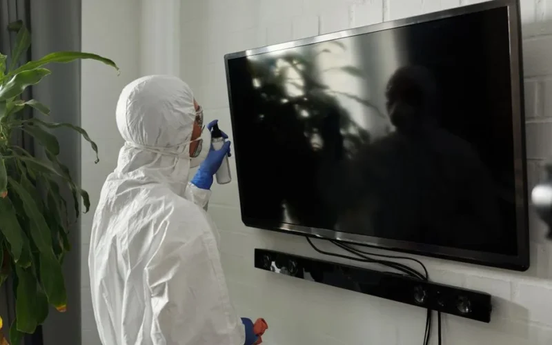 A person wearing PPE disinfecting a TV screen inside a room during the COVID-19 pandemic.