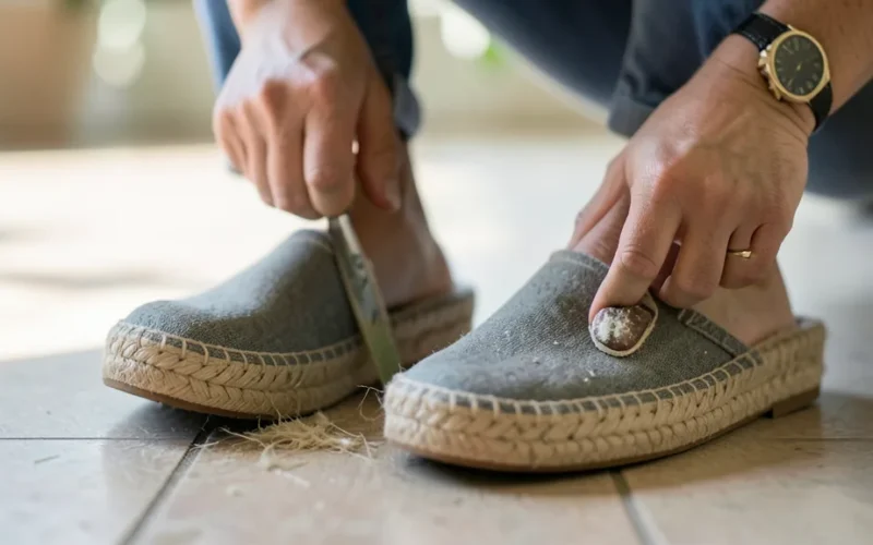 a pair of espadrilles being cleaned or maintained