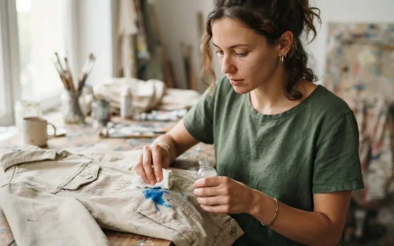 a person cleaning a paint stain on clothing