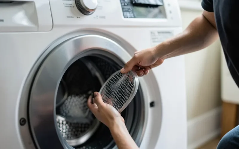 a person removing or cleaning a washing machine filter