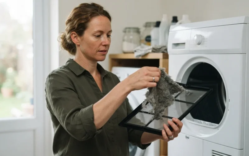 a person cleaning a lint filter from a dryer