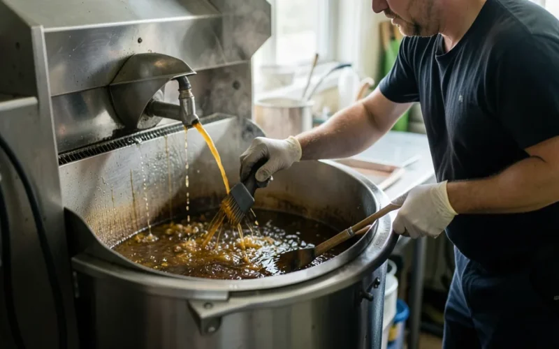 a person cleaning a deep fryer, removing old oil