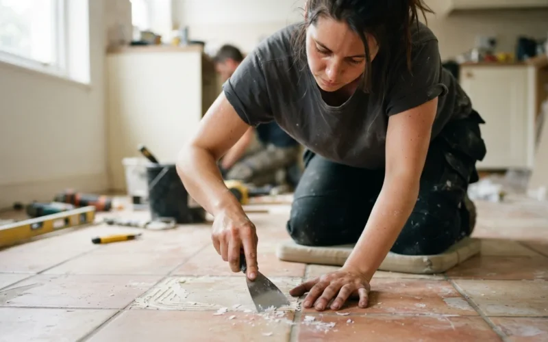 a person scraping dried glue off a tile surface