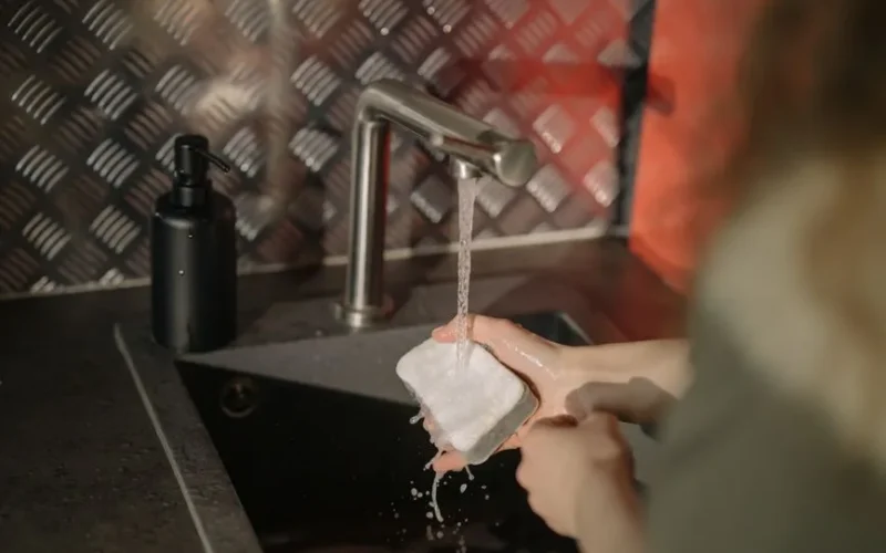 Close-up of hands washing a sponge under a running tap in a modern kitchen.