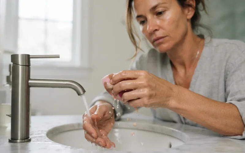 a woman cleaning a makeup sponge under running water