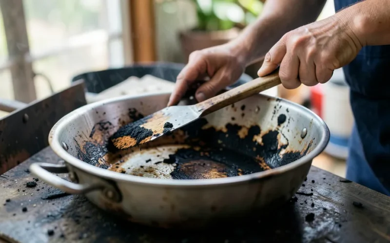 a person cleaning the burnt underside of a metal pot or pan