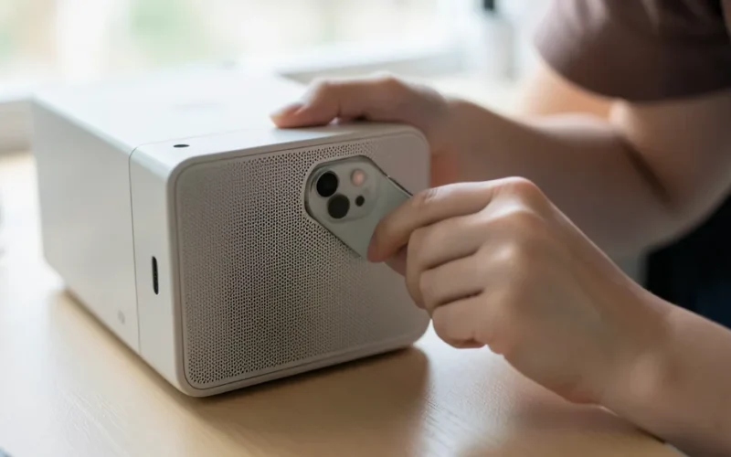 a person cleaning the speaker area of an iPhone