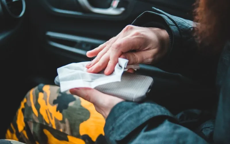 Faceless passenger in car disinfecting mobile phone with wet wipe sitting on car seat