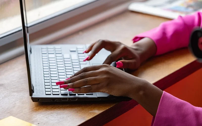 laptop, pisanie na maszynie, pracujący, różowy, kobieta