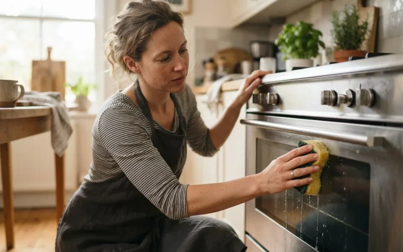 a person cleaning a kitchen appliance with a sponge