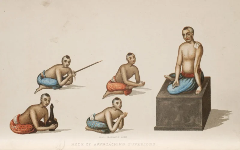 An illustration of social customs in Siam. The caption says "Mode of approaching superiors". This occurred while Bowring was in Siam in 1855, but the illustration was published in 1857. Made by the British politician John Bowring (1792-1872). Lithographic printed by M. & N. Hanhart. Book: 'The kingdom and people of Siam : with a narrative of the mission to that country in 1855', this work, published in two volumes in 1857, was the most successful by the linguist and politician Sir John Bowring (1792-1872). As Governor of Hong Kong, Bowring traveled to Siam (Thailand) in 1854 to negotiate a treaty with the country that would serve as a model for future agreements and provide the Siamese government with an invaluable insight into Western diplomacy. - Retired copy from the Bradford Library - The resolutions were ever renewed, a few sheets in the peripheral area were somewhat stained, and overall, well-preserved and clean copies.