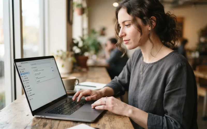 a person using a laptop with a browser settings screen visible
