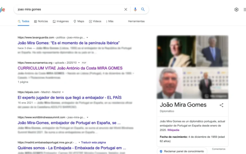 original title: "Screenshot 2022-03-21 at 16.40.59.png" João Mira Gomes has been the Portuguese ambassador to Spain since January 2020. The article about Mr. Mira Gomes was created on Wikipedia on March 18, 2022 at 20:00 (w/index.php?title=Joo_Mira_Gomes&action=history see history). As we can see in this last screenshot, three days after the creation of the article, the Google robot has already created a "Google Knowledge Graph" (a technical file, to be clear).