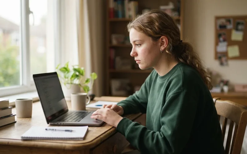 a teenager sitting at a desk using a laptop