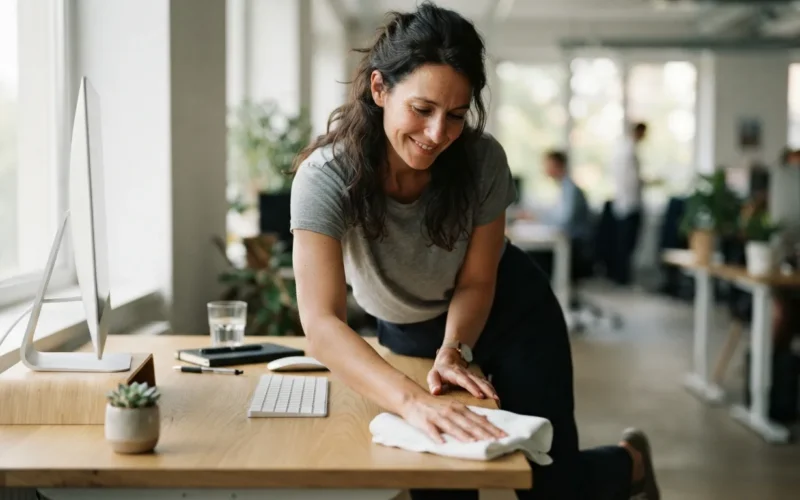 a woman cleaning an office desk