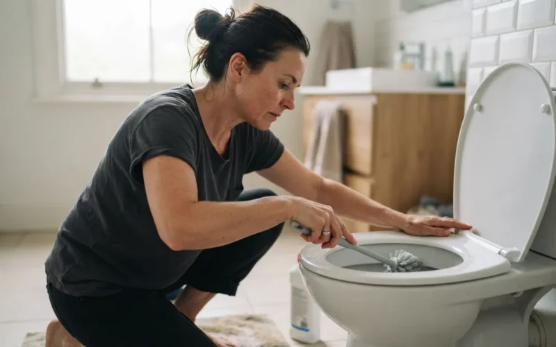 a person cleaning a toilet with a brush