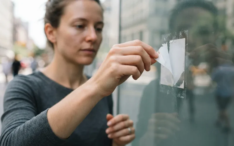 a person peeling a sticker off a glass surface