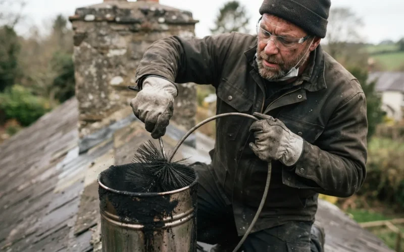 a person cleaning a chimney pipe with a brush