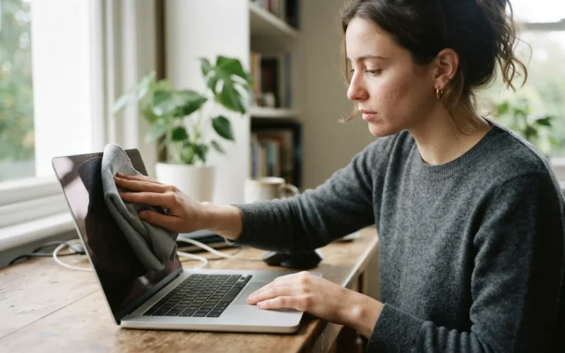a person cleaning a laptop with a cloth