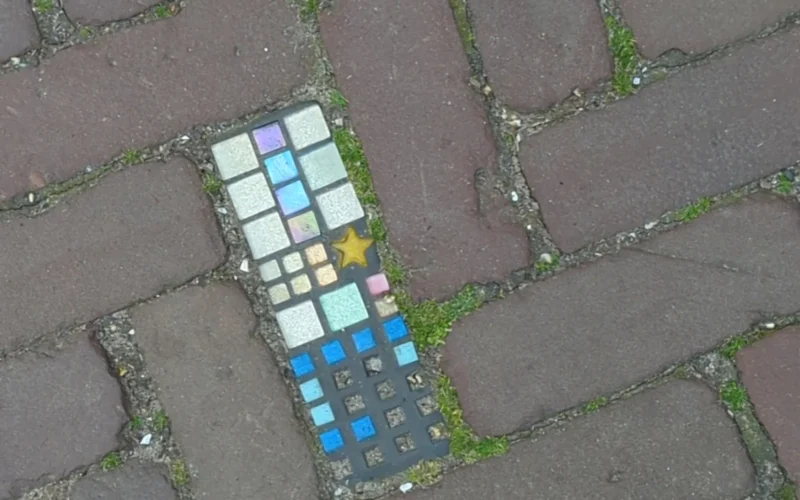 One of the red bricks of the pavement is missing, in its place, a tiny mosaic with colorful and sparkly tiles is set, it contains a golden star tile as well. Some of the small tiles are missing and between the stones there is some moss.