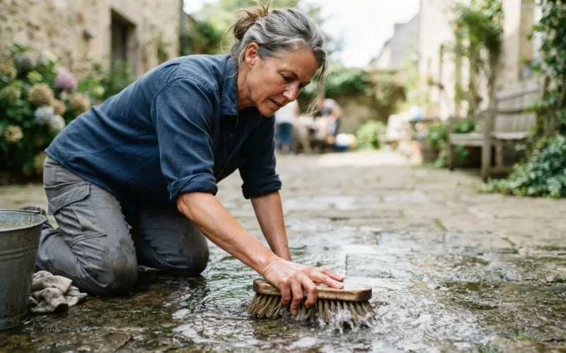 a person scrubbing a paved surface with a brush
