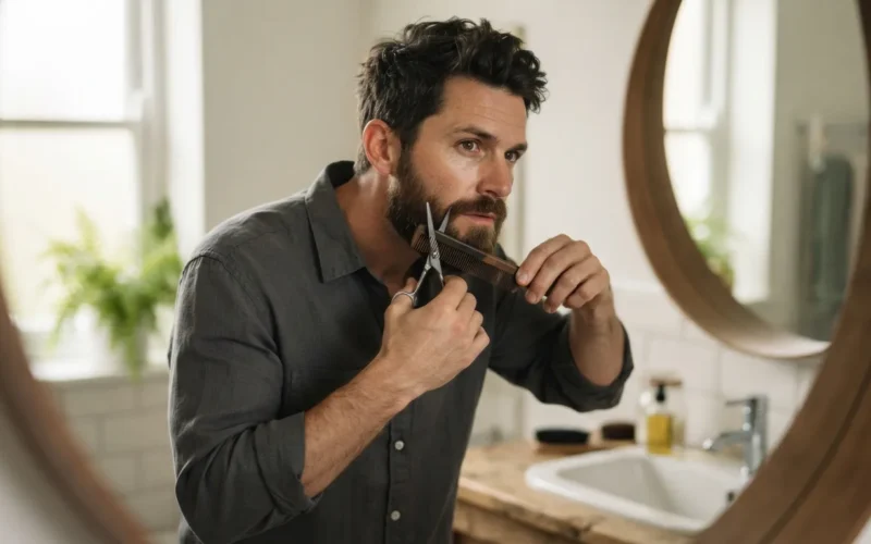 a man trimming his beard with a comb and scissors