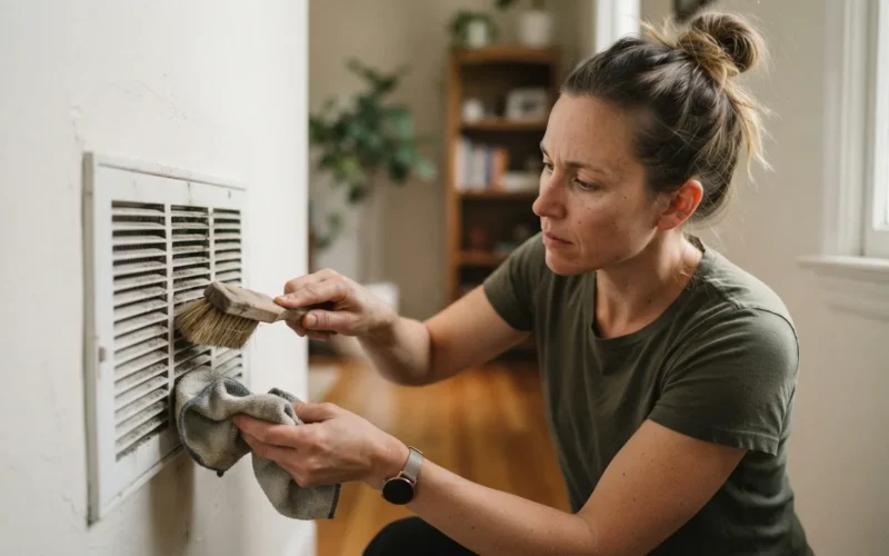 a person cleaning a vent or grille with a brush