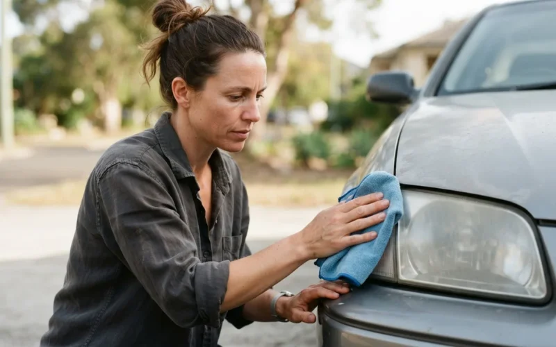 a person cleaning a car headlight with a microfiber cloth