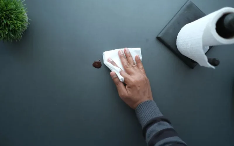 A hand wipes a dark surface with a tissue near a paper roll and plant.