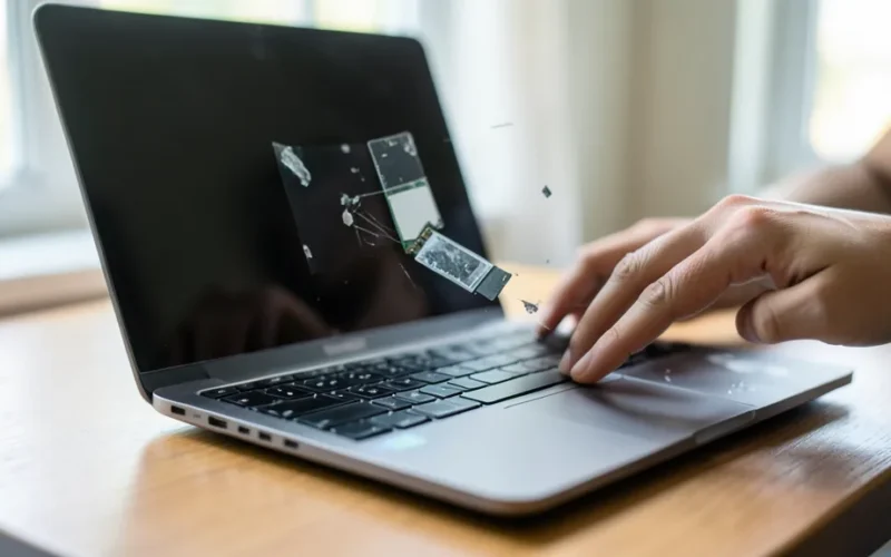 a laptop being wiped or reset, with data deletion concept