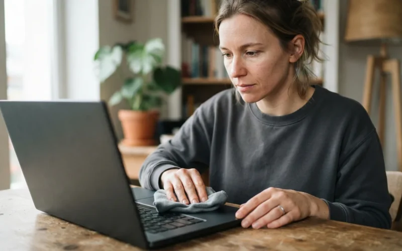 a person cleaning a laptop with a cloth