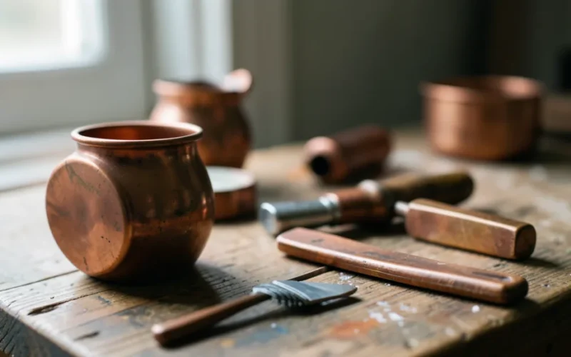 copper objects being cleaned or restored