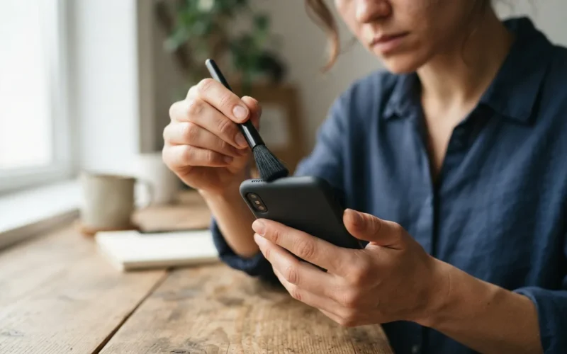a person cleaning a smartphone with a small brush