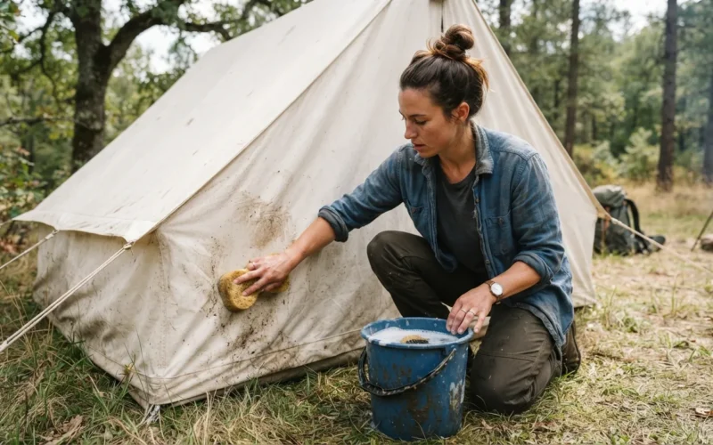 a person scrubbing a tent with a sponge and bucket